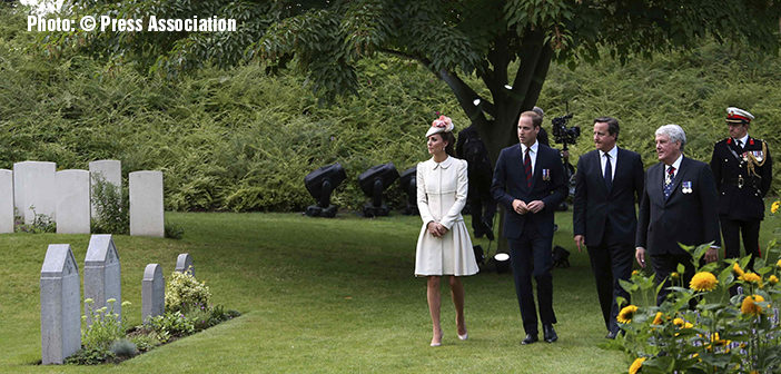 Remembrance at Mons. Prince William and his wife Catherine, Duchess of Cambridge, arrive with Britain's PM Cameron at St. Symphorien Military Cemetery in Mons, Belgium