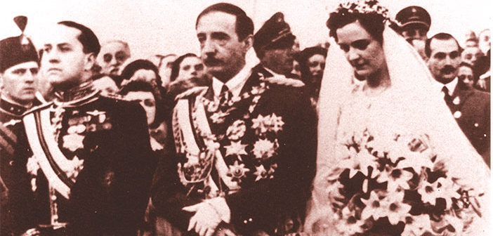 On 27 April 1938 Geraldine Apponyi married King Zog of Albania. Benito Mussolini’s foreign minister Count Ciano (left) acted as witness. A year later Italy invaded Albania and Zog and Geraldine fled into exile.