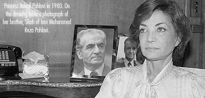 Princess Ashraf Pahlavi in 1980. On the drawing table a photograph of her brother, Shah of Iran Mohammad Reza Pahlavi.