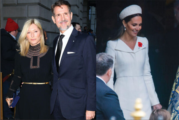 (Above left) Crown Prince Pavlos and Crown Princess Marie Chantal of Greece at Cipriani’s New York.(Above right) The Duchess of Cambridge leaves Westminster Abbey following the ANZAC Day Service of Commemoration and Thanksgiving. 
